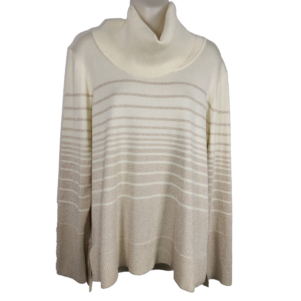 Cable & Gauge Womens Turtleneck Sweater XL Cream Striped Metallic Pullover NWT